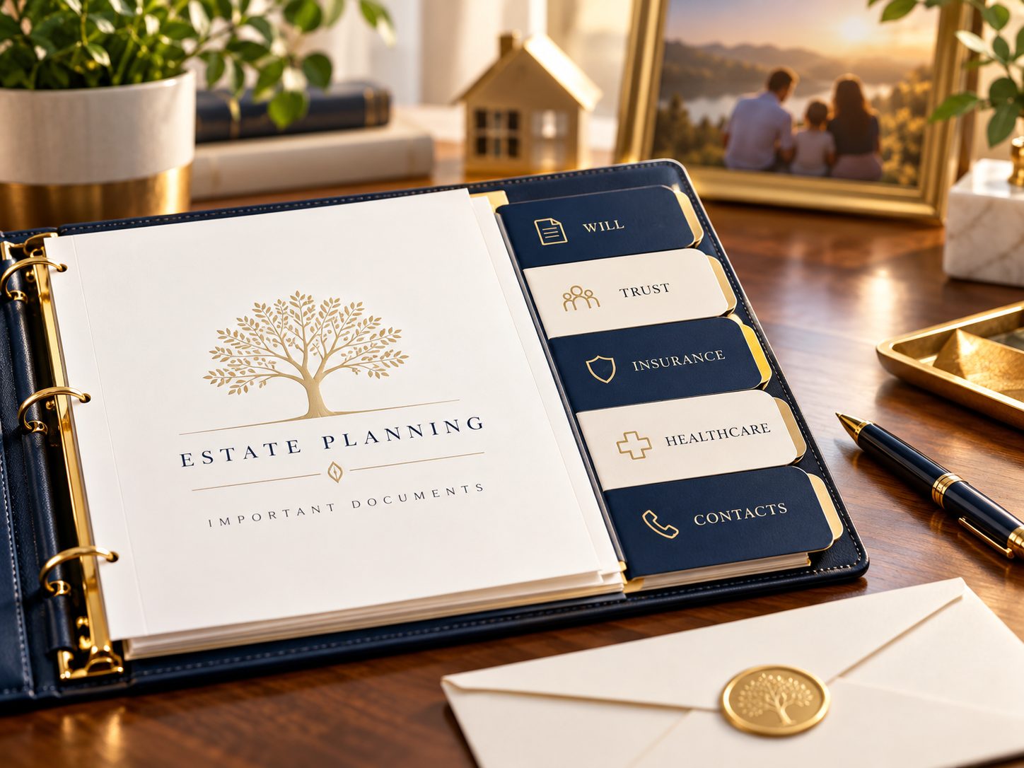 An organized estate planning binder with labeled sections for wills, trusts, insurance, healthcare, and contacts.
