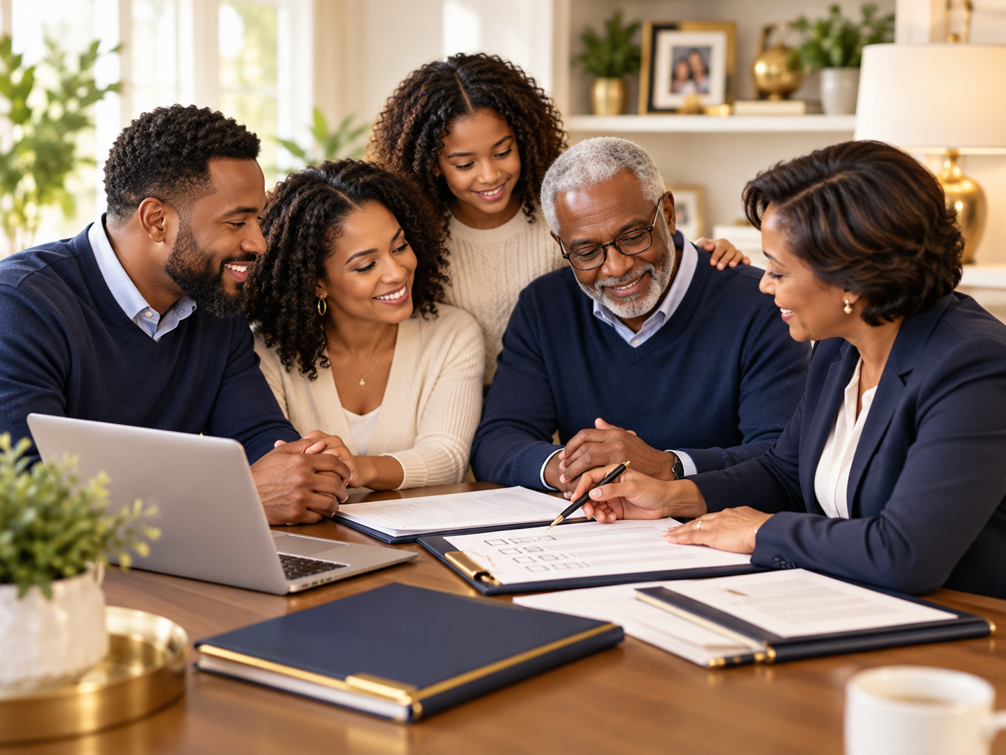 A family gathered around a table for an estate planning discussion.
