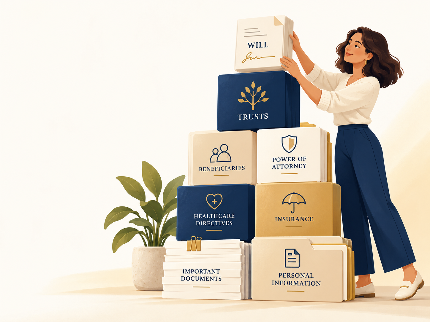 A professional illustration of a woman stacking estate planning document blocks including wills, trusts, insurance, healthcare directives, and important documents.